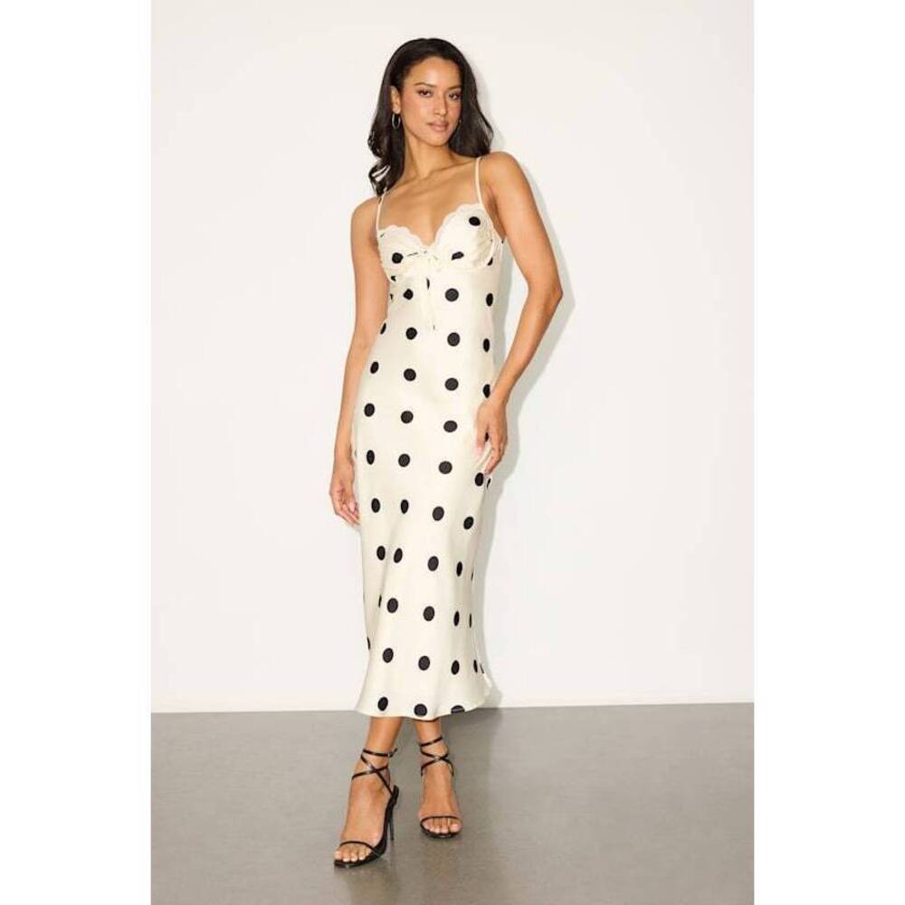 Lulus Maxime Ivory Polka Dot Satin Cowl Back Midi Dress White - Size M